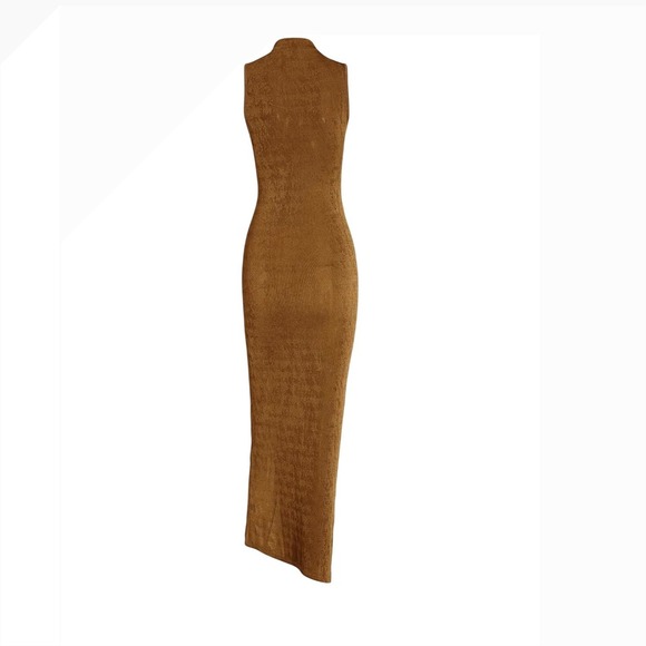 Semi sheer Sleeveless Mock Neck Maxi Dress with Thigh High Slit - Brown Knit s - Picture 3 of 5